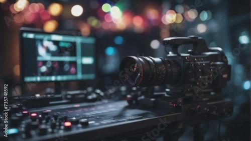 close-up of videography equipment with bokeh lights in the background, suitable for entertainment needs photo