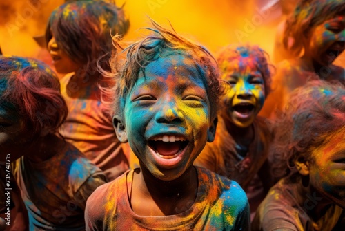Holi celebrations - Group of kids playing Holi in India