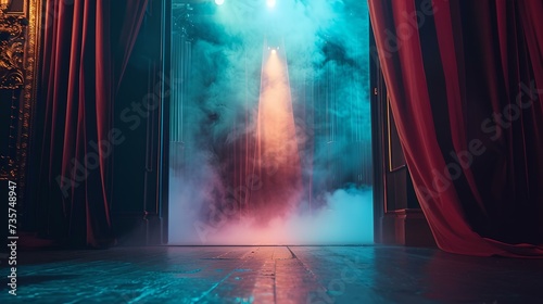 Mystical stage with smoke and lights. a gateway to fantasy. vibrant theatrical backdrop setting the scene. AI