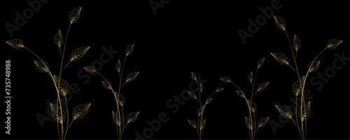 Golden Line art botany banner. Japanese style Hand drawn vector. Line art style design. Concept traditional Asian Card with space for text wedding, invitation, template card Golden frames.