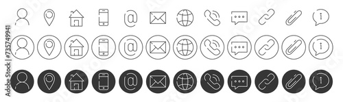 Web and mobile icon set, line style. Website contact info icons for registration, resume, design, social media. Chat, link, paper clip, message, phone, person. Vector illustration