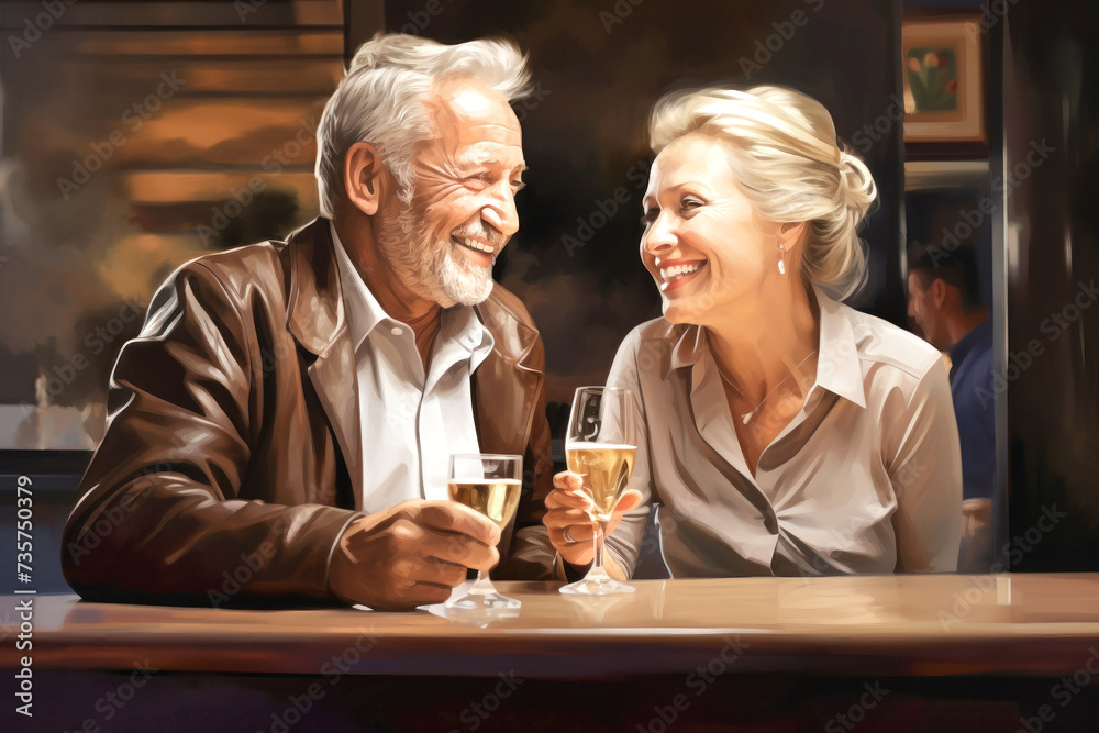 Elderly Couple Enjoying Conversation and Drinks at a Table Elderly Couple Enjoying Conversation and Drinks at a Table