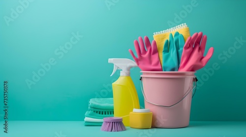 Colorful cleaning supplies in a pink bucket on a teal background. bright, fresh and ready for spring cleaning. clean home concept. AI photo