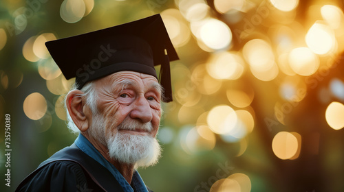 An old elderly man in graduation clothes, studying in his old age