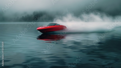 Red speedboat racing through mist on tranquil water. dynamic, vibrant, action-packed scene, showcasing speed and luxury. AI