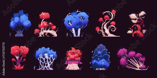 Fantasy trees. Cartoon bizarre forest with strange branches and leaves, comic bizarre flora icons for UI game design. Vector isolated set