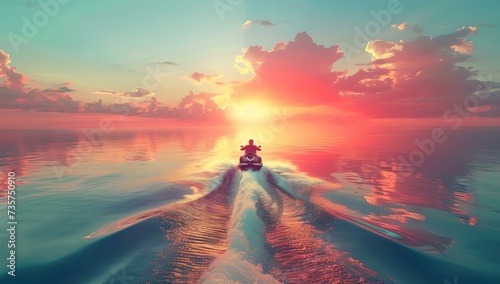 Serene sunset boat ride on a calm sea. couple enjoying ocean voyage at dusk. timeless nautical adventure. reflection, travel, and leisure theme. AI