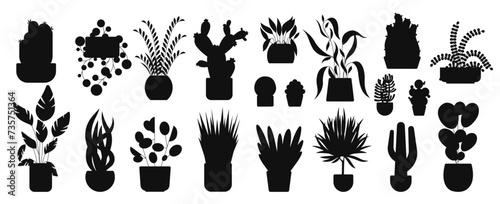 Houseplant silhouettes. Flowerpot garden icons  indoor plants growing in pots  leafy botanical decors for office decoration. Vector set