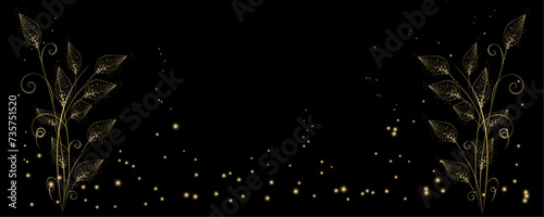 Golden Line art botany banner. Japanese style Hand drawn vector. Line art style design. Concept traditional Asian Card with space for text wedding, invitation, template card Golden frames.