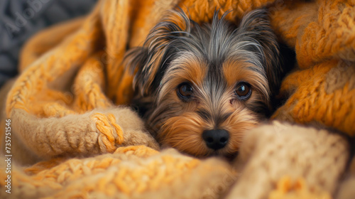 Yorkie puppy snuggled in a cozy blanket, big expressive eyes gazing at the camera