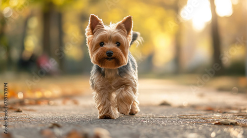 Yorkie on a leisurely walk against the backdrop of a bustling city park © AnnTokma