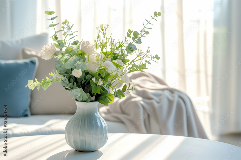 Beautiful delicate flowers in a vase on a table in a sunny room in White colours Beautiful delicate flowers in a vase on a table in a sunny room in White colours