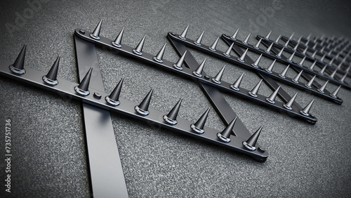 Road spike or tire trap on asphalt background. 3D illustration
