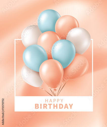 Birthday poster with balloons on peach fuzz background. Vector illustration for poster, flyer, banner, greeting card and advertisement.