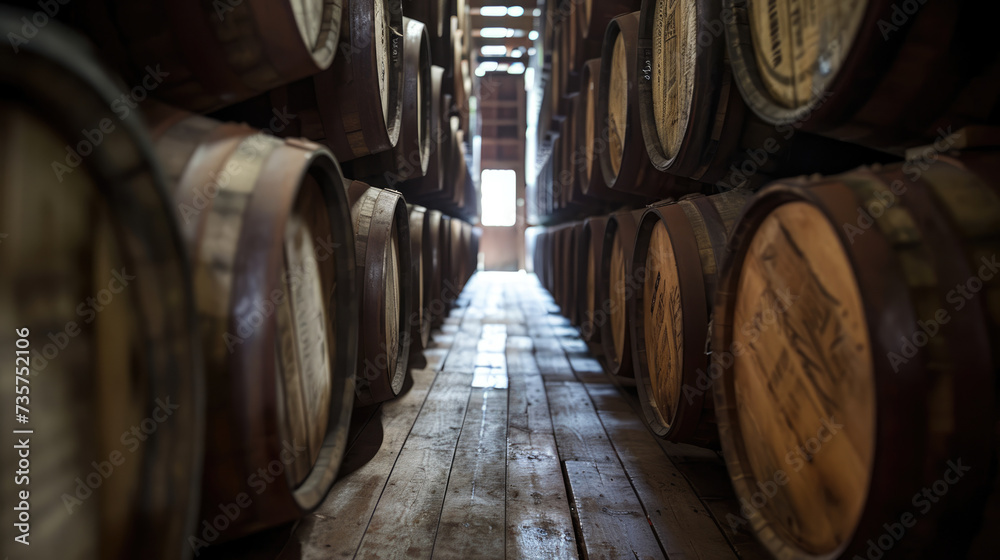Passage between barrels of wine. Old wine barrels in a warehouse.