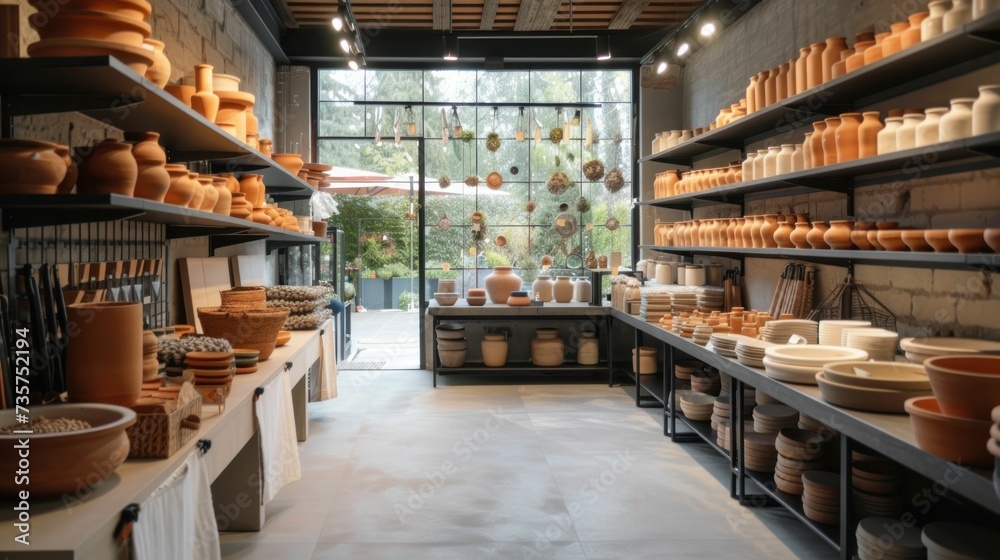 Earthy ceramics workshop, white aprons, terracotta pieces, black shelves