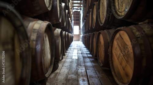 Passage between barrels of wine. Old wine barrels in a warehouse. © Evgeniia