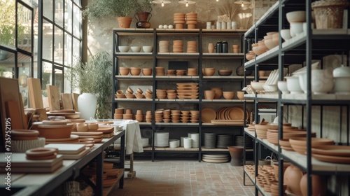 Workshop Focused on Earthy Ceramics, Highlighted by White Aprons, Terracotta Artifacts, and Dark Shelves photo