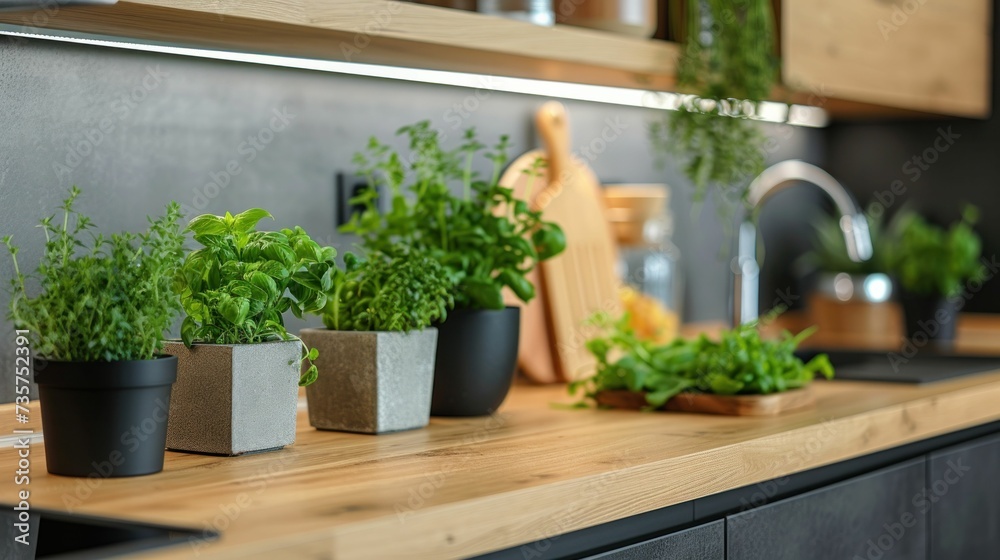 Kitchen Space with a Modern Flair, Featuring Wood Details, Sleek Design, and Natural Color Highlights with Fresh Herbs