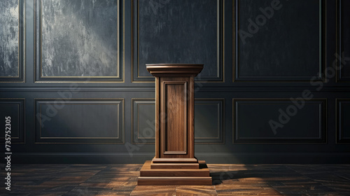 Wooden speech stand on beautiful gray wall background for design.. photo