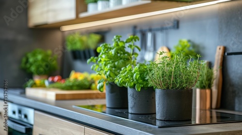 Modern kitchen with wooden features, sleek design, highlighted by New Naturalism colors, fresh herbs on counter © Manyapha