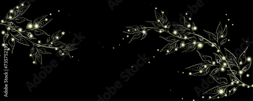 Golden Line art botany banner. Japanese style Hand drawn vector. Line art style design. Concept traditional Asian Card with space for text wedding, invitation, template card Golden frames.