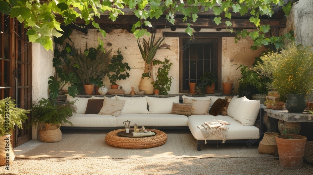 Outdoor Patio Design in Terracotta and Black, Adorned with White Cushions and Surrounded by Greenery