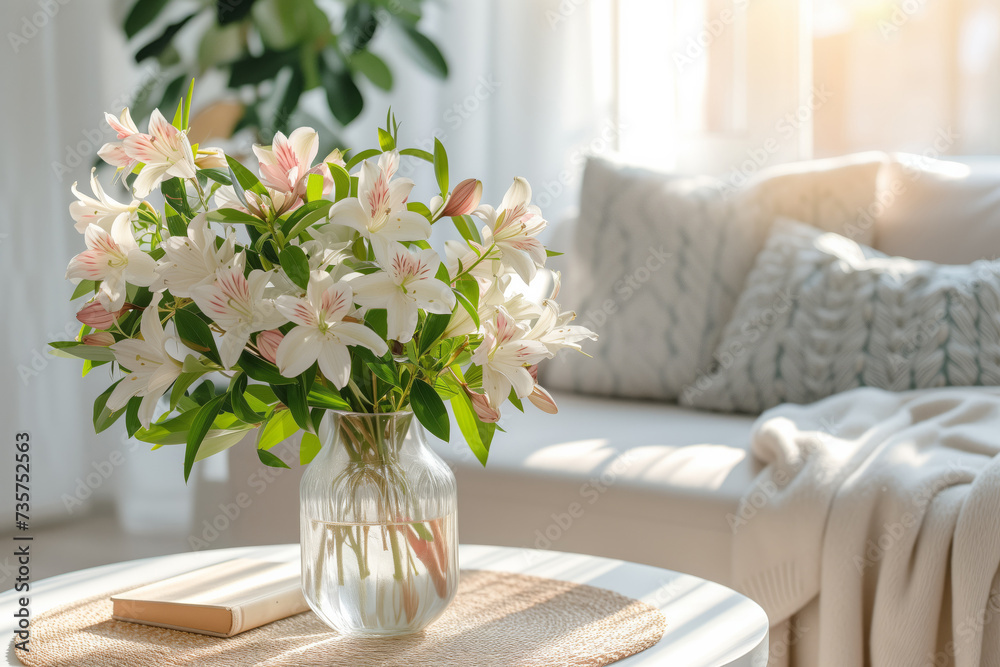 Beautiful delicate flowers in a vase on a table in a sunny room in White colours Beautiful delicate flowers in a vase on a table in a sunny room in White colours