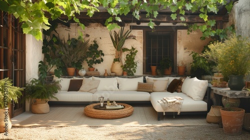 Outdoor Patio Design in Terracotta and Black, Adorned with White Cushions and Surrounded by Greenery © Manyapha