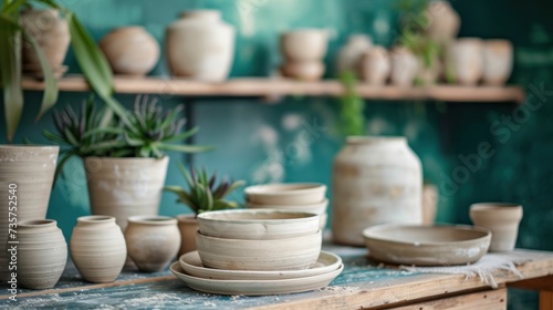 Deep green walls provide a striking backdrop for white clay pieces in a terracotta pottery studio photo