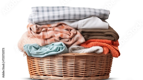 Stack_of_clean_clothes_and_Wicker_basket_with_clean cloth on white background ai genertaed image