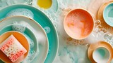 Colorful dishware soaking in sudsy water, kitchen cleaning routine. fresh and clean concept. homely scene with soapy dishes. AI
