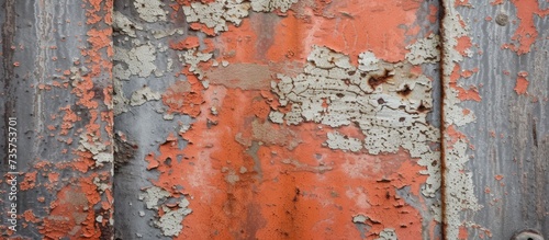 A detailed shot of a weathered metal surface with chipped paint, displaying a rusty brown color and unique pattern reminiscent of tree bark.