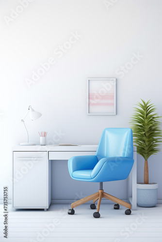 A minimalistic office mockup with a clean, white work desk, a pop of vibrant blue in the chair, and a colorful desk organizer. © Danish