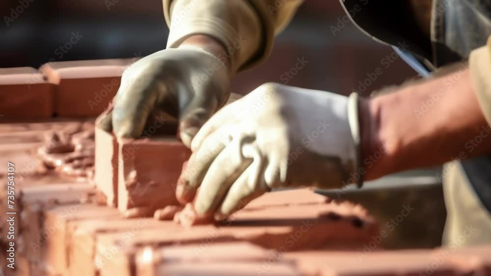Wearing an apron stained with fragments of mortar a determined Bricklayer grips the edges of a fresh red brick and adds to the beautiful mosaic of the structure he works on. Wearing an apron stained with fragments of mortar a determined Bricklayer grips the edges of a fresh red brick and adds to the beautiful mosaic of the structure he works on.