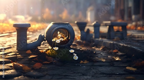 A micro-tiny clay pot full of dirt with a beautiful daisie planted in it, shining in the autumn sun on a road in an abandoned city, fiction, wallpaper, character, cg artwork, art, flash photography