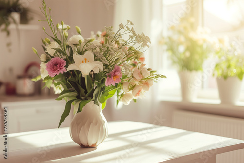 Beautiful delicate flowers in a vase on a table in a sunny room in White colours