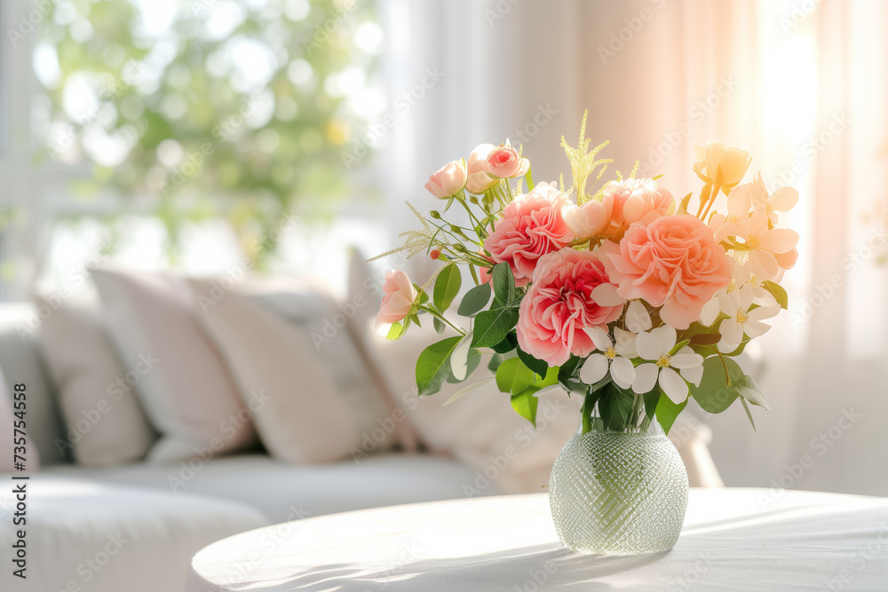 Beautiful delicate flowers in a vase on a table in a sunny room in White colours Beautiful delicate flowers in a vase on a table in a sunny room in White colours