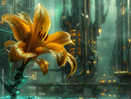 A golden lily emerging from a background of sleek sci fi styled metal structures