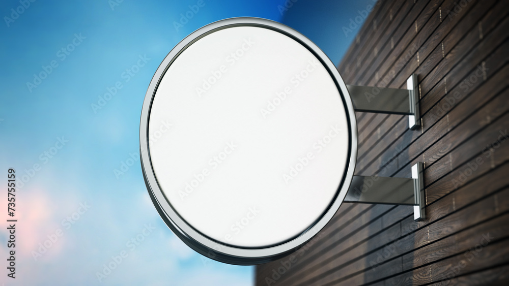 Blank round signboard attached to the wall. 3D illustration