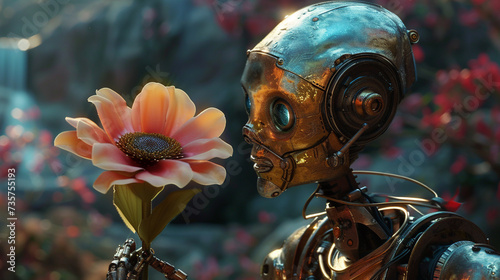 An eye catching brass textured robot presenting an enchanting colourfully radiant flower photo