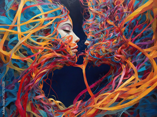 a couple with vibrant web of tangled lines and colors 