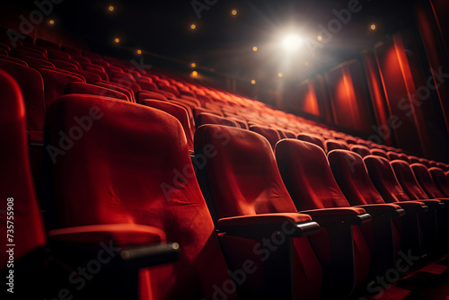 Vintage red theater seats in a row, awaiting an audience's return, AI Generative.