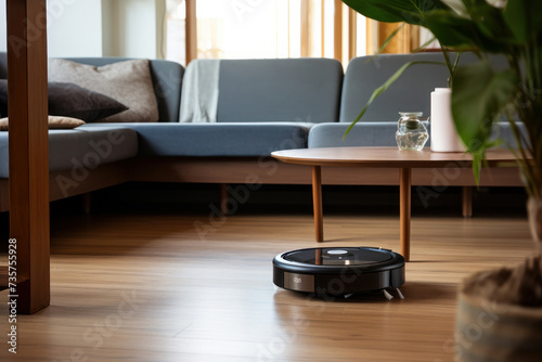 Robotic vacuum cleaner efficiently tidying wooden floor, a symbol of smart living, AI Generative. photo