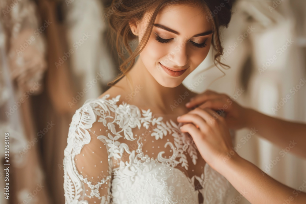 The bride happily chooses a wedding dress for her wedding day