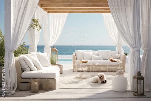 Bohemian luxury terrace with sea view, epitome of tranquil living spaces, AI Generative. © Alisa
