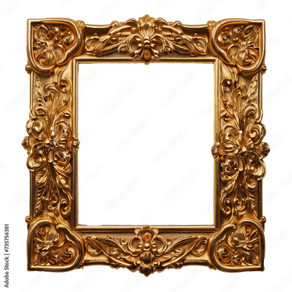 Golden rectangle frame for photo or painting in antique vintage style png transparent background Golden rectangle frame for photo or painting in antique vintage style png transparent background