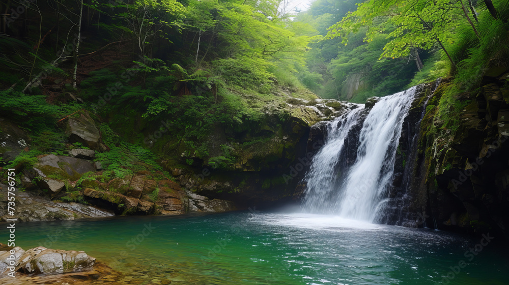 Tranquil waterfall oasis captured in lush greenery, an AI Generative masterpiece.