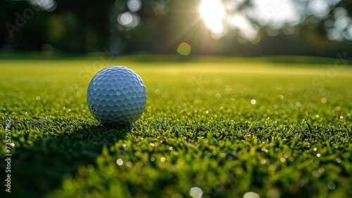 Golf ball on lush green grass with sunlight flares, capturing the essence of the sport, AI Generative.