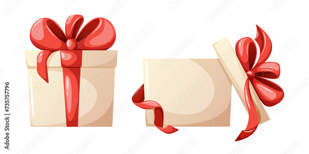 Gift box with bow and ribbon, open and closed. Vector illustration in cartoon flat style on isolated background. For holiday, birthday, present
